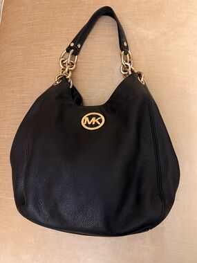 Authentic Michael Kors Black Pebbled Leather Shoulder Bag with Gold Logo